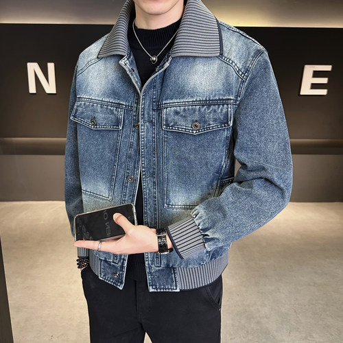 美式渐变复古水洗牛仔外套男2026新款潮流工装休闲针织翻领夹克男