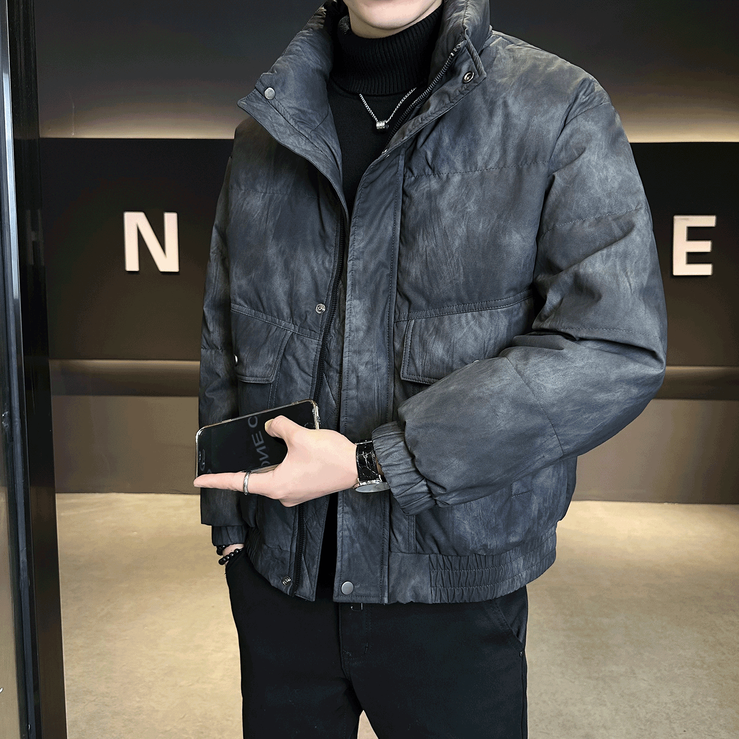 爆款皮羽绒服男冬季2025新款潮牌痞帅扎染美式水洗羽绒夹克男外套