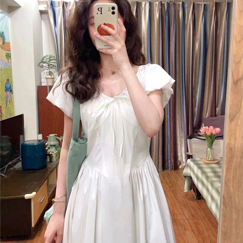 全棉夏季少女法式茶歇浪漫百搭纯色系带收腰短袖连衣裙女