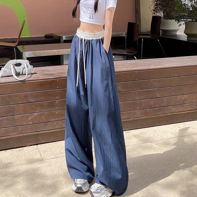 藏青色冰丝阔腿裤女夏季薄款2026新款宽松bf慵懒风休闲速干运动裤