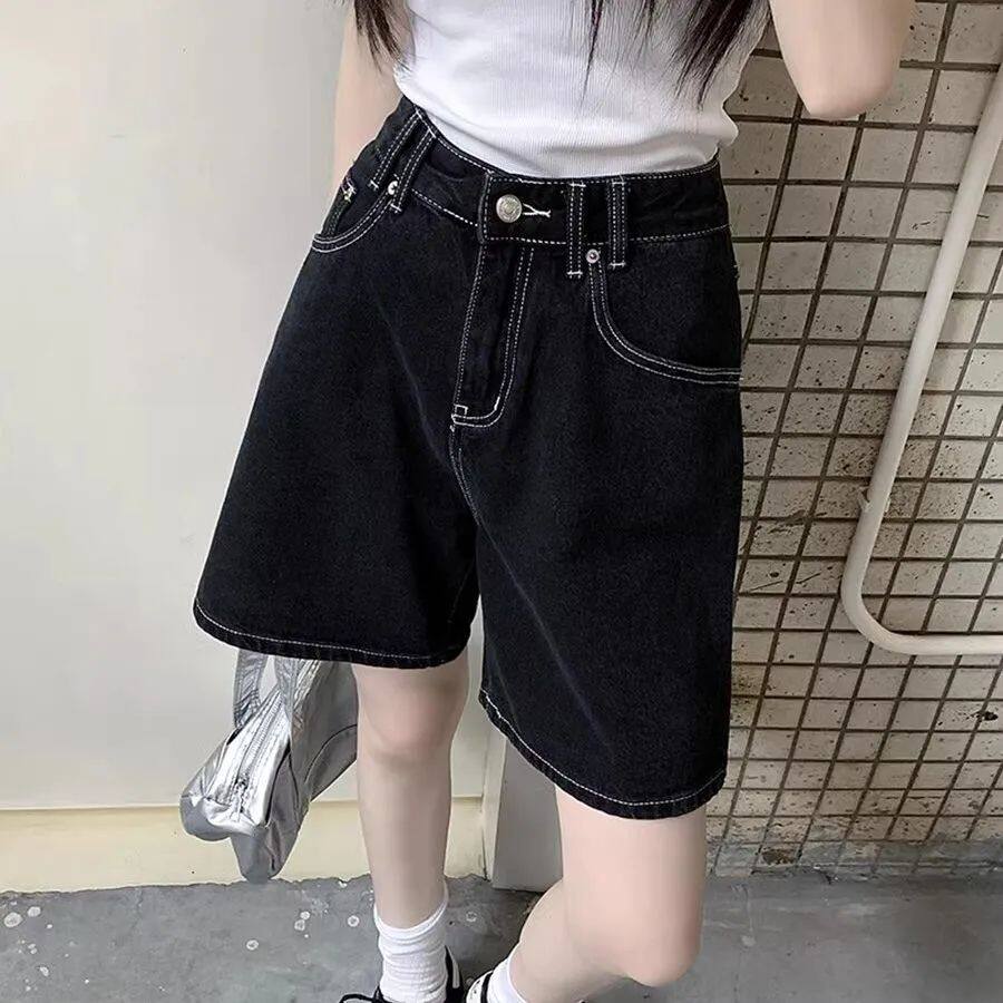黑色五分直筒牛仔短裤女夏季新款高腰宽松百搭休闲a字阔腿中裤子