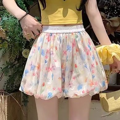 碎花蓬蓬花苞短裤女夏季2026新款冰丝高腰显瘦多巴胺休闲半身裙裤