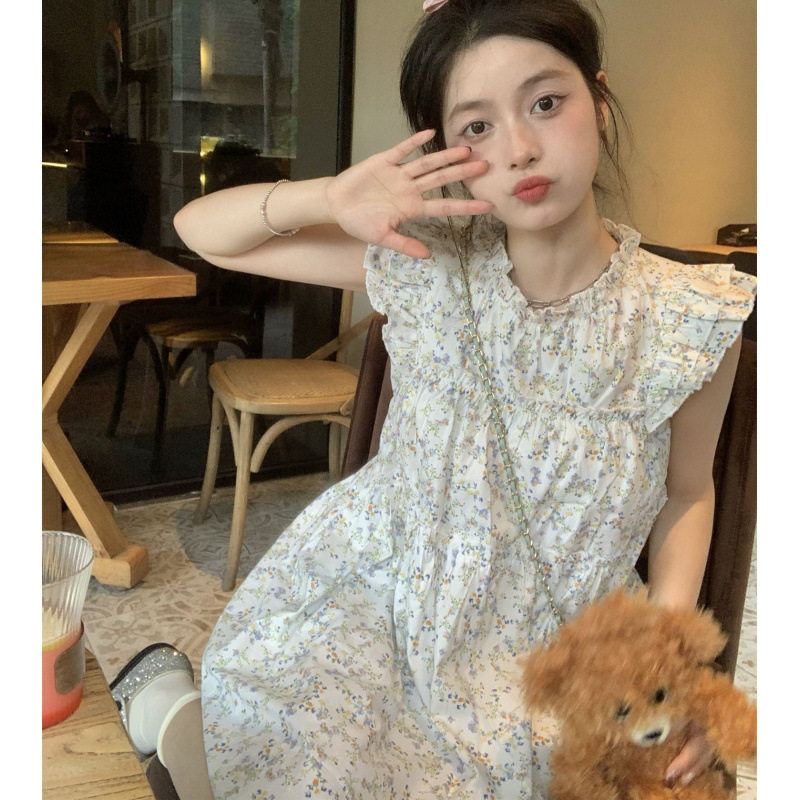 2026夏装可爱碎花小飞袖大码连衣裙女法式甜美宽松无袖短款裙子