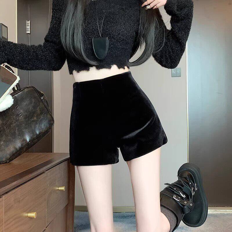 金丝绒短裤女秋冬外穿黑色丝绒女裤高腰显瘦紧身打底裤子超短靴裤