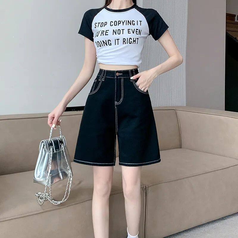 黑色五分直筒牛仔短裤女夏季新款高腰宽松百搭休闲a字阔腿中裤子