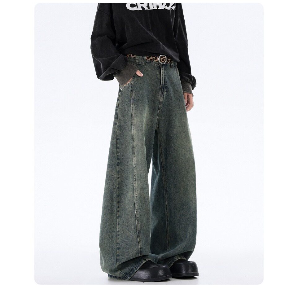 跨境复古蓝解构弯刀直筒牛仔裤男秋冬加绒vibe高街水洗牛仔裤男款