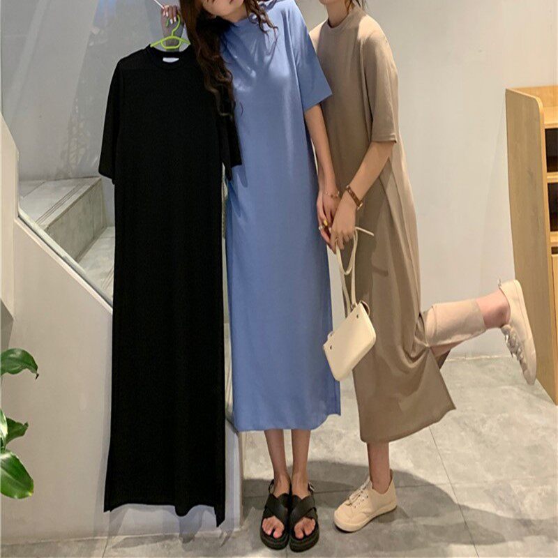 夏季韩版短袖女士长裙宽松大码过膝超长款简约休闲纯色家居
