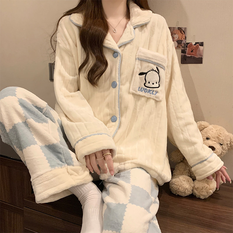 全棉纯棉加绒加厚珊瑚绒睡衣女秋冬季新款多巴胺长袖开衫家居套装