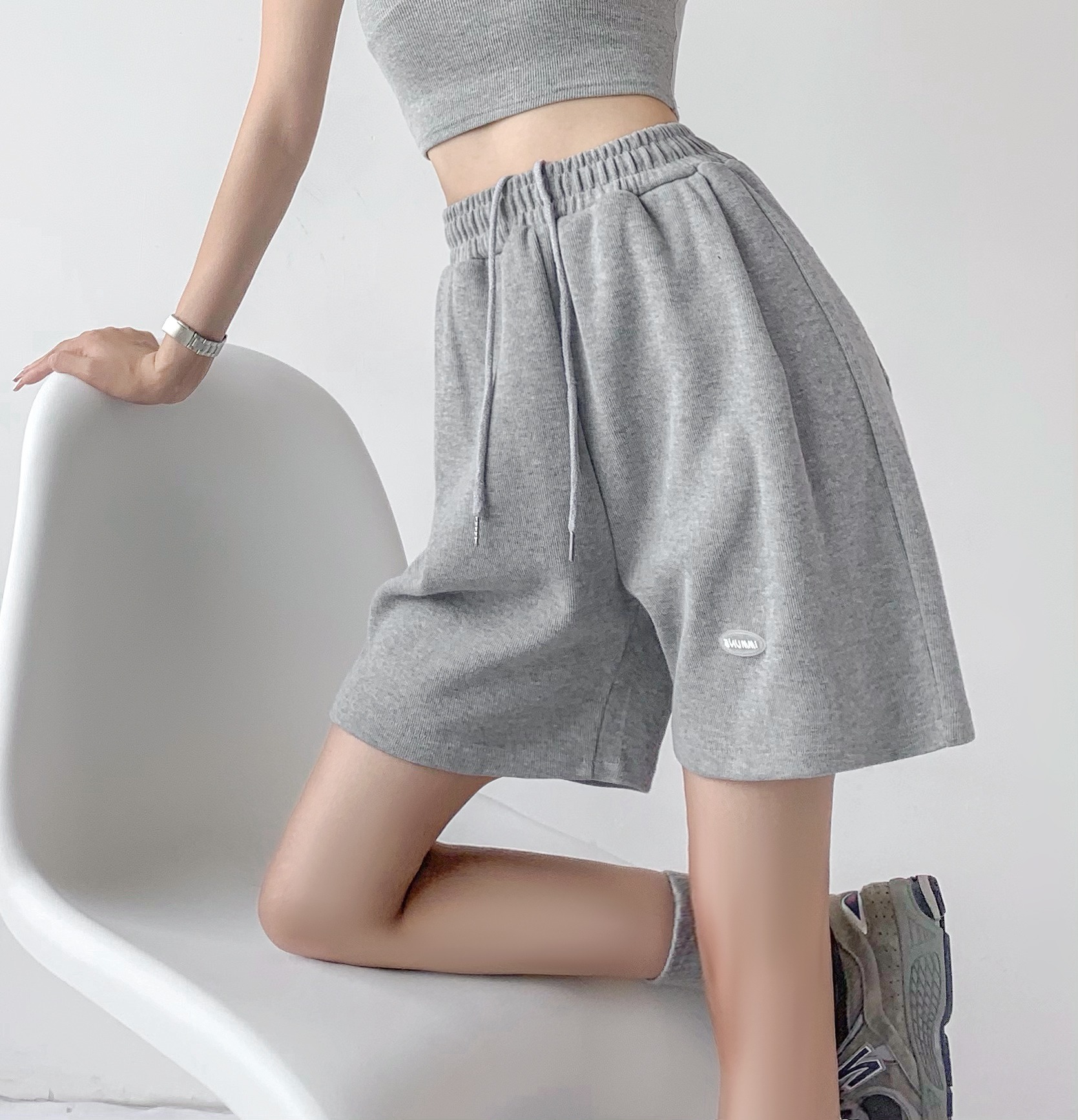 ins潮宽松直筒中裤运动华夫格短裤女夏辣妹高腰休闲阔腿五分裤_果蔓羽旗舰店_女装/女士精品-第2张图片-提都小院