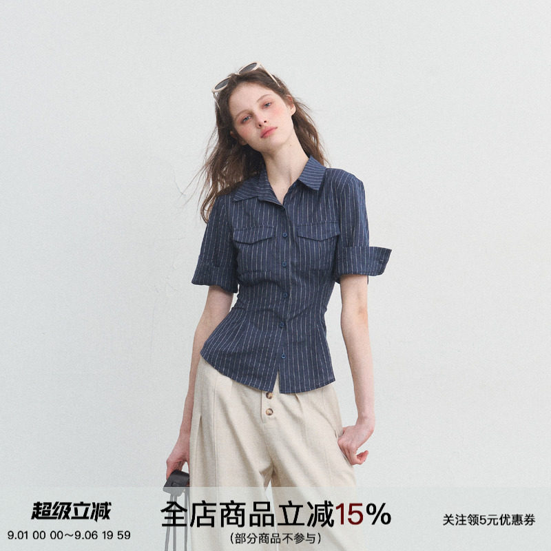 条纹polo领收腰通勤短袖衬衫图片