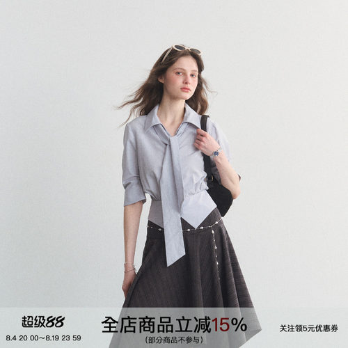 通勤天丝亚麻收腰系带短袖衬衫