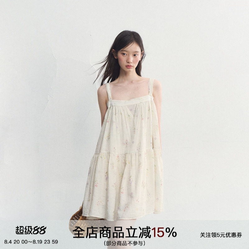 SPEAR YOUTH&ldquo;微醺花园&rdquo;晕染碎花吊带裙蝴蝶结系带拼接连衣裙