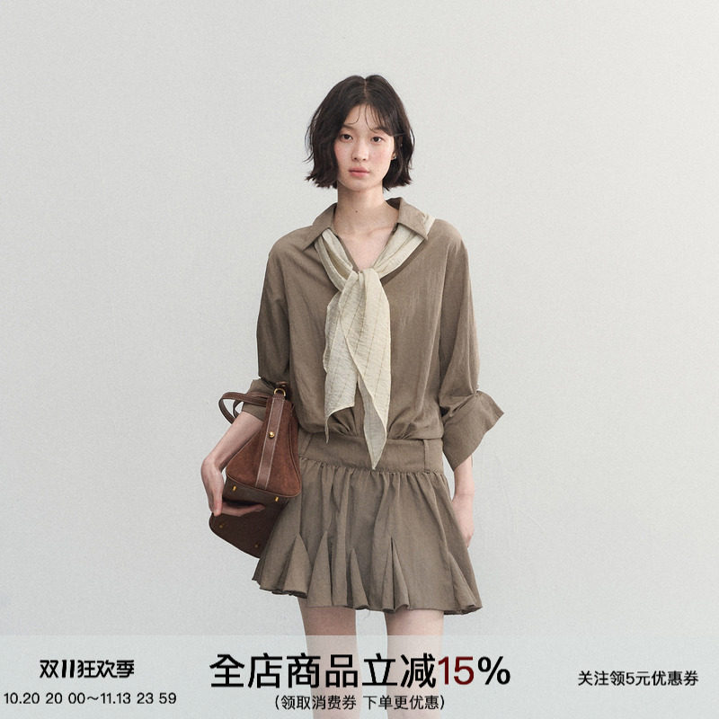 SPEAR YOUTH“豆蔻苔原”七分袖衬衫领系带收腰连衣裙赫本风短裙