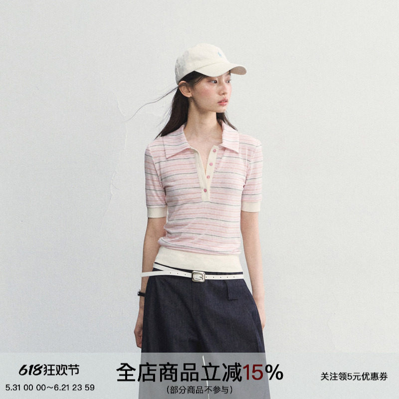 SPEAR YOUTH“悦己至上”天丝冰感透气条纹polo衫收腰衬衫短袖