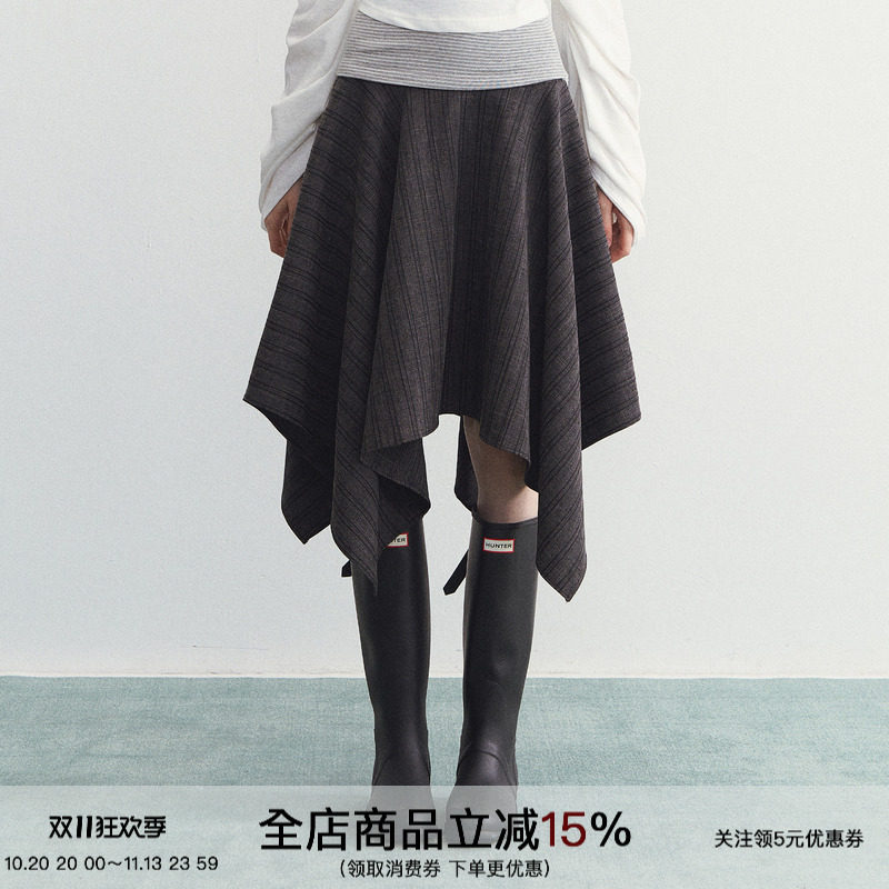 SPEAR YOUTH“不过尔尔”设计感不规则格纹半身裙高腰显瘦裙子