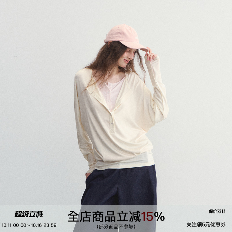 SPEAR YOUTH“一端在彼”莱赛尔天丝慵懒蝙蝠袖T恤假两件长袖上衣