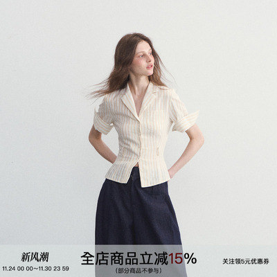 SPEAR YOUTH“菊次郎的夏天”原创西装领条纹短袖t恤衬衫收腰上衣