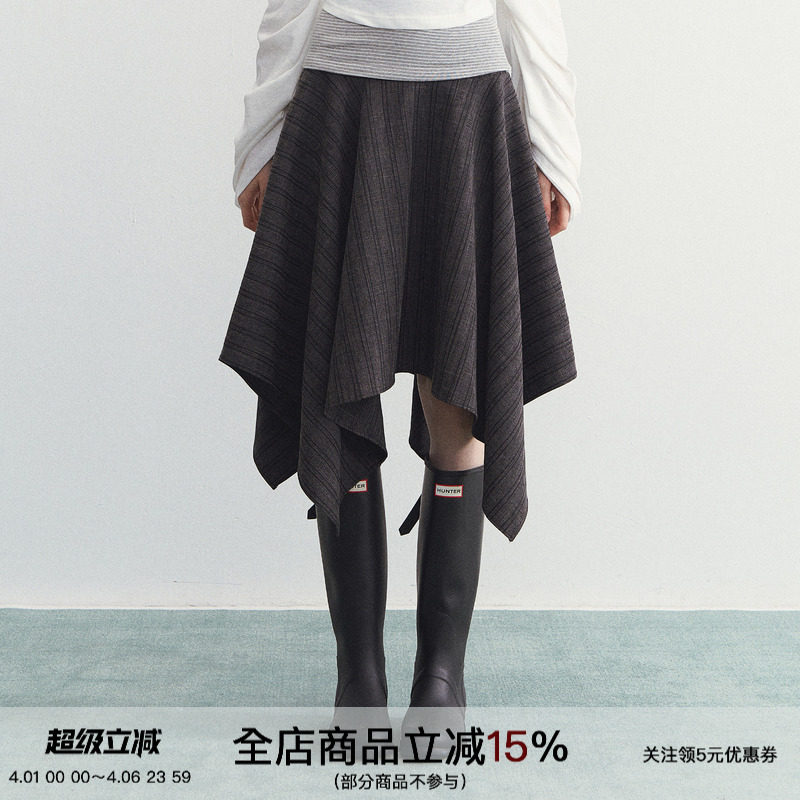 SPEAR YOUTH“不过尔尔”设计感不规则格纹半身裙高腰显瘦裙子