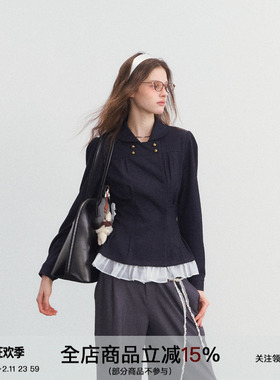 SPEAR YOUTH“无可替代”双排扣牛仔打褶收腰衬衫通勤上衣外套