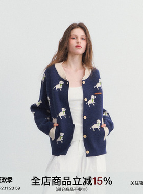 SPEAR YOUTH“狗狗童话镇”厚织小狗提花针织衫满印休闲开衫毛衣