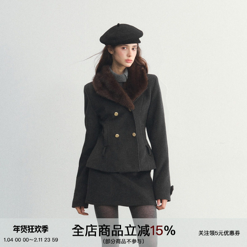 SPEAR YOUTH“old-time”羊毛毛呢外套可拆卸毛领排扣西装棉服,女装/女士精品,毛呢外套,淘宝优惠券,粉丝福利购,淘宝优惠卷