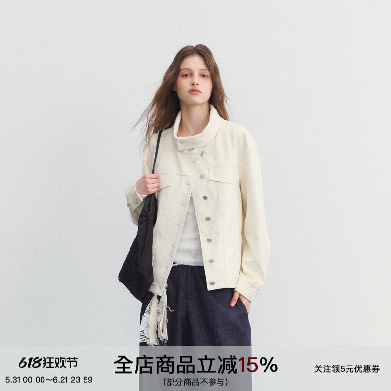 SPEAR YOUTH“白色搁浅”可卷不规则立领麂皮外套设计感夹克上衣