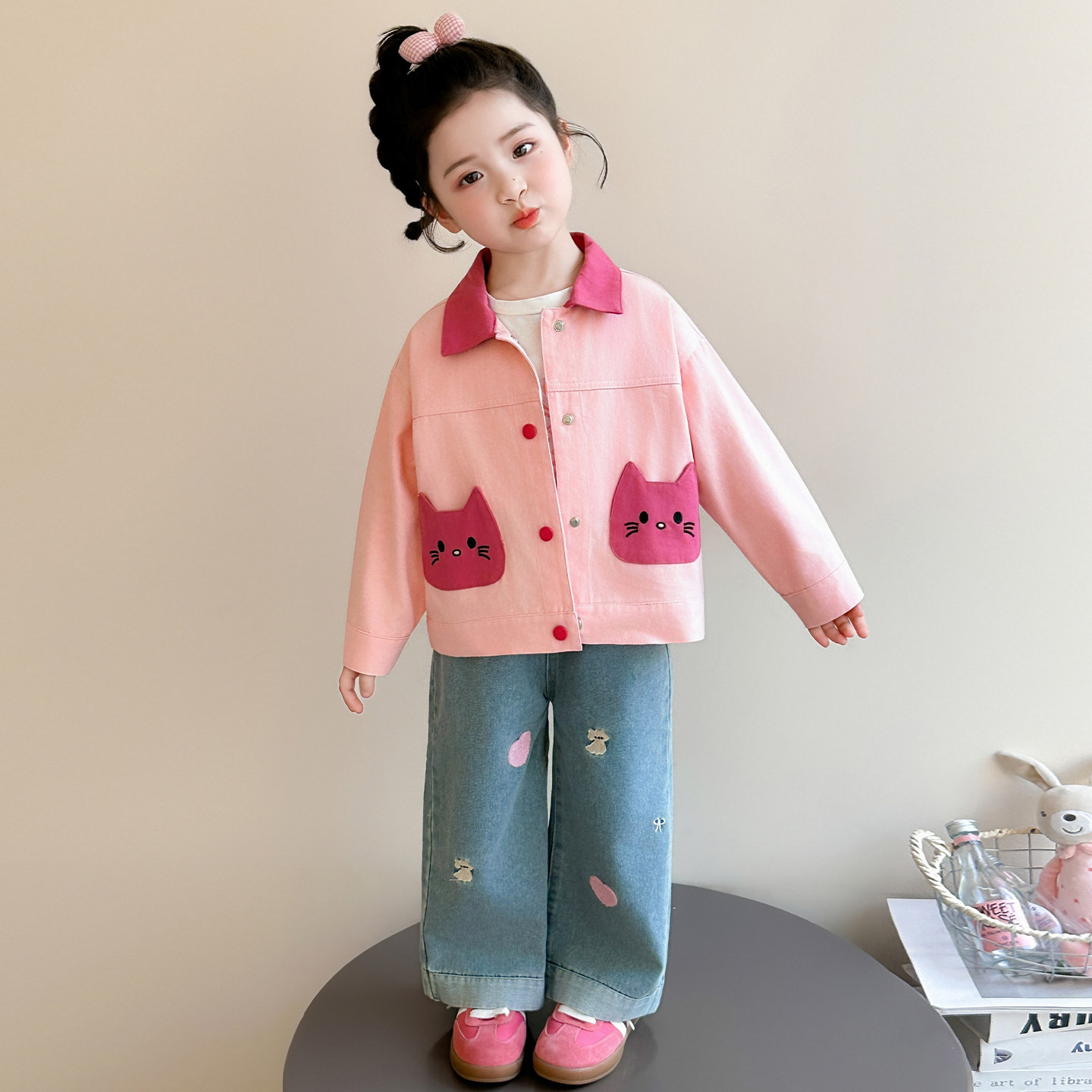 女童春秋薄款粉色牛仔外套新款图片