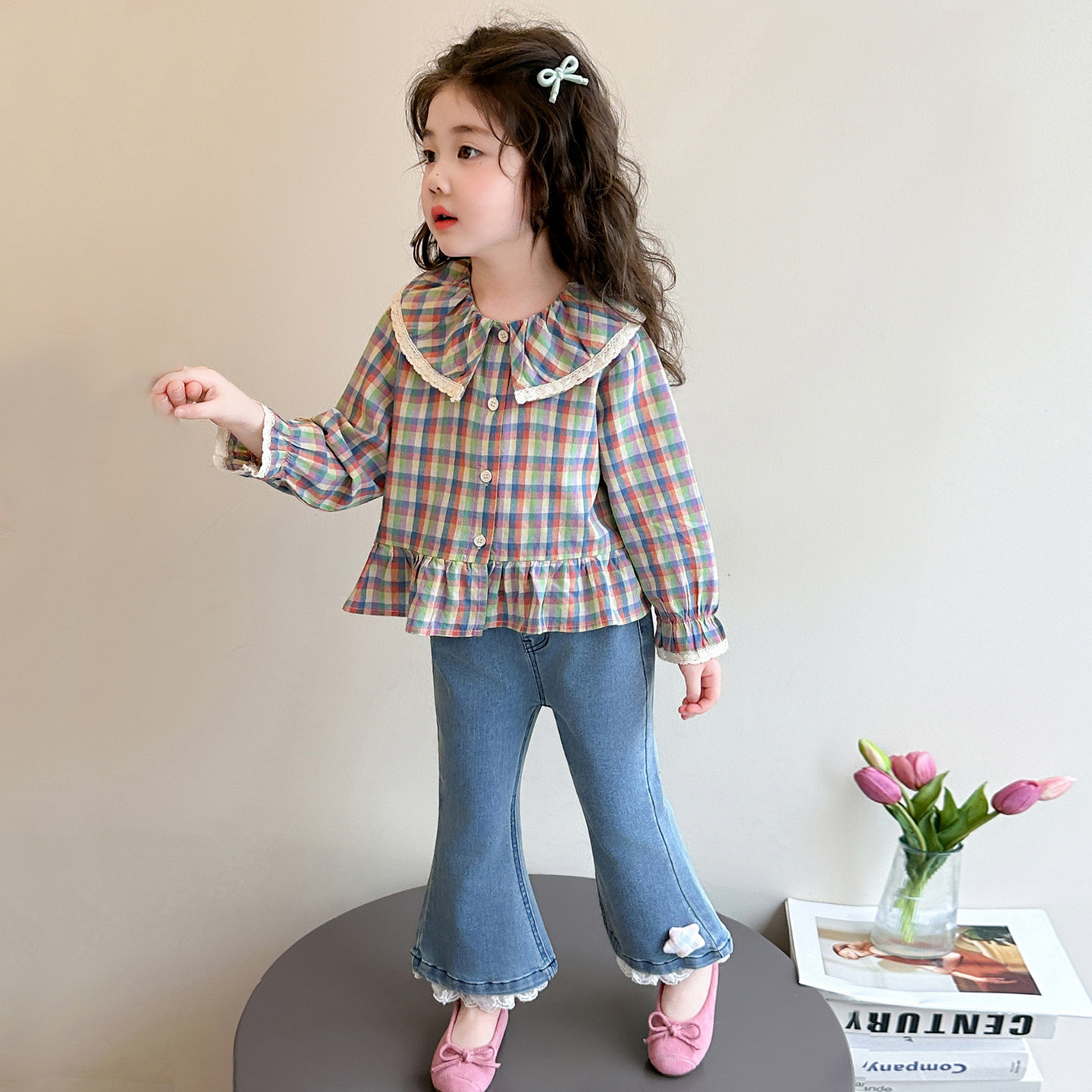 2026春女童格子衬衫牛仔两件套图片