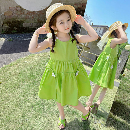 女童连衣裙夏季高级感2026新款女孩宝宝夏装纯棉儿童夏款绿色裙子