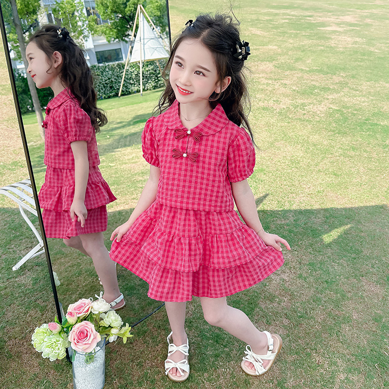 格子套裙女童泡泡袖夏季两件套