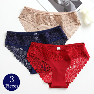 TrowBridge 3PCS/Set Women's Panties Lace Silk Satin Underwea