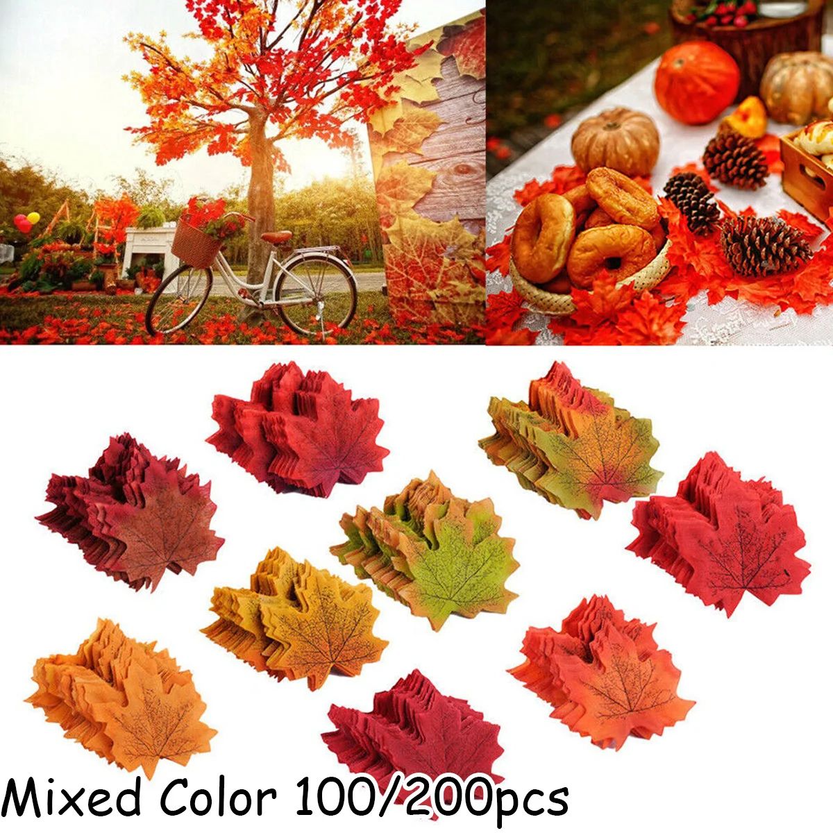 100/200Pcs Artificial Silk Maple Leaf Autumn Fake Leaves Gar
