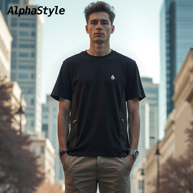 AlphaStyle夏季新款Updike口袋T恤男女情侣美式休闲拼接设计潮牌