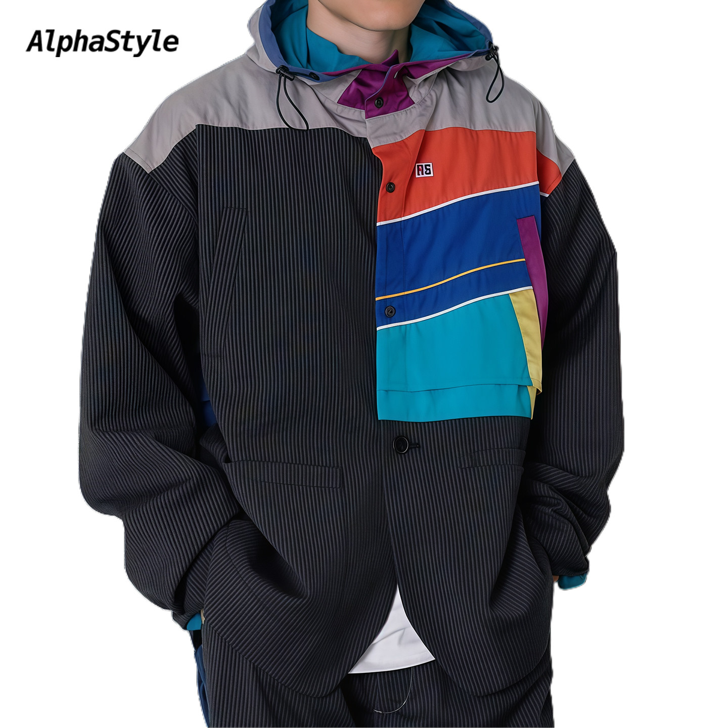 AlphaStyle秋冬拼接连帽西装外套