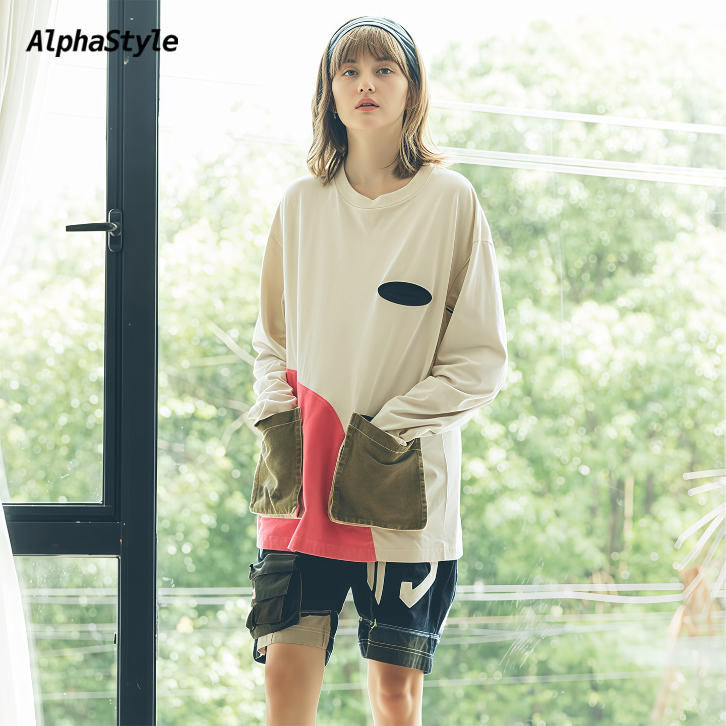 秋冬洗水长袖T恤拼接撞色多口袋