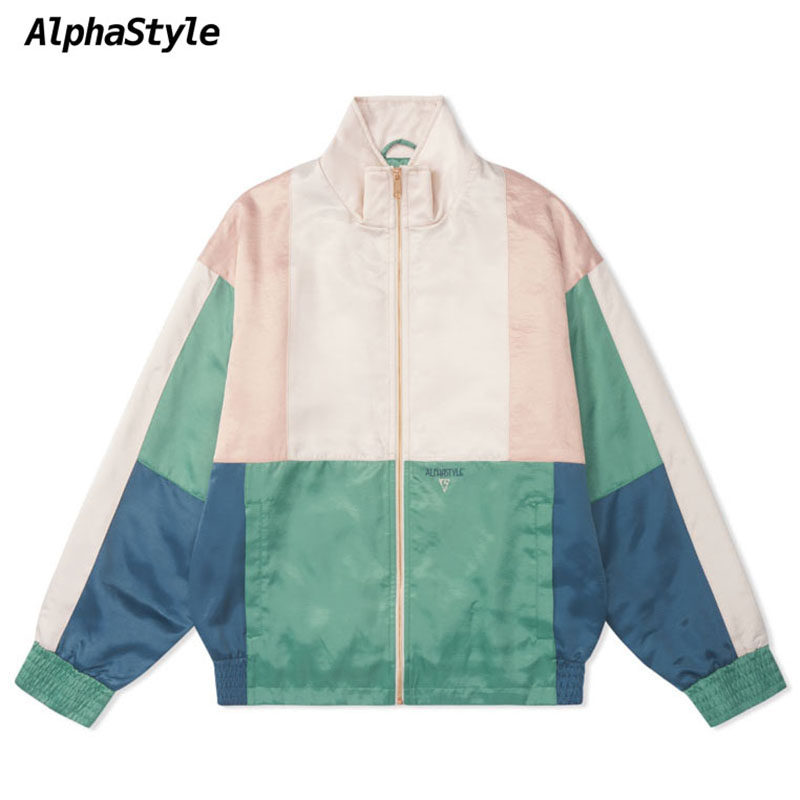 AlphaStyle秋冬拼接撞色缎面外套