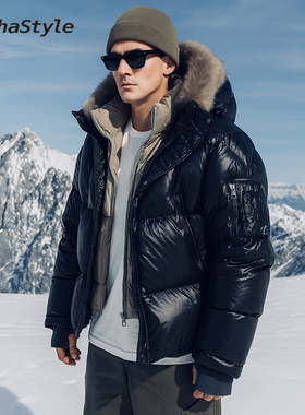 Alphastyle冬季双层连帽厚款羽绒外套鹅绒防风保暖可拆卸男女同款