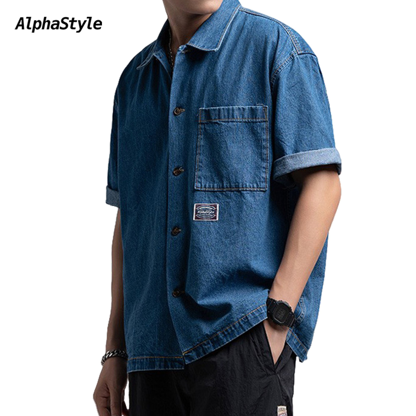 夏季牛仔衬衫纯棉休闲短袖