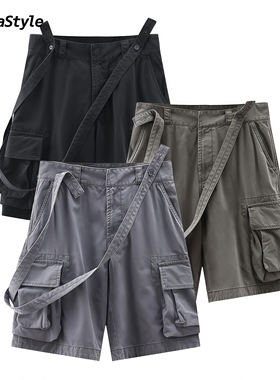 AlphaStyle夏季新款工装背带短裤潮流时装男女户外运动休闲五分裤