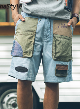 AlphaStyle夏季洗水五分短裤多口袋男设计师美式潮牌ins休闲嘻哈