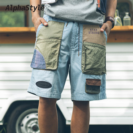 AlphaStyle夏季洗水五分短裤多口袋男设计师美式潮牌ins休闲嘻哈