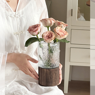 简约创意木托新中式 饰摆件 玻璃花瓶直筒鲜花仿真花插花客厅书房装