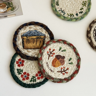 美式 复古隔热垫家用圆形手工黄麻编织杯垫耐高温防油餐垫防滑耐磨