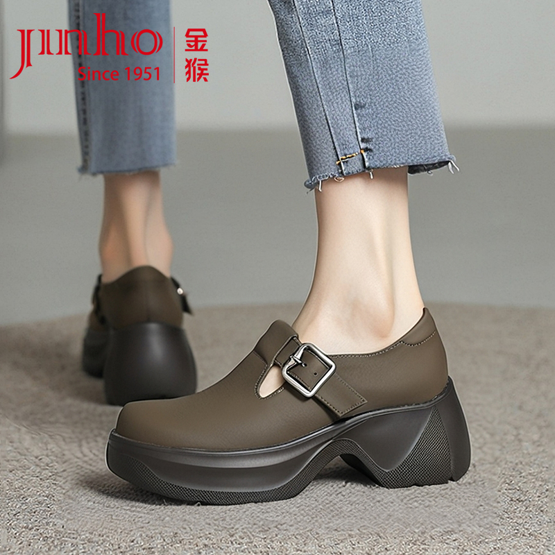 金猴女鞋厚底玛丽珍鞋2025年新款冬秋季高跟增高千金圆头乐福鞋女