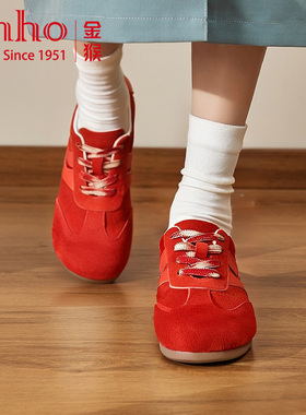 金猴德训鞋女鞋红色2025年新款秋季拼色系带平底女士运动休闲鞋女