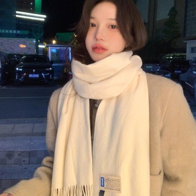 法国2025新款纯色围巾女秋冬季高级感披肩仿羊绒白色加大加厚围脖