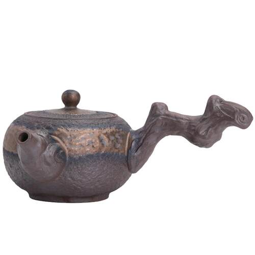 枯木侧把壶新中式粗陶手工复古陶瓷功夫茶具壶鎏金铁釉茶壶