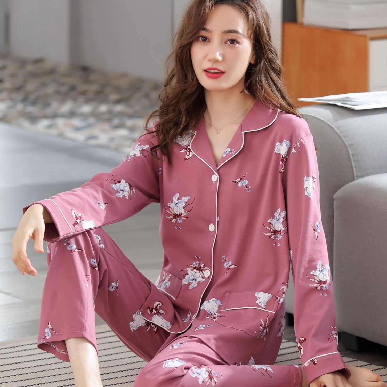100%纯棉女士睡衣春秋款长袖大码开衫套装中老年妈妈外穿
