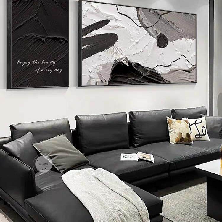 极简风抽象黑白客厅装饰画沙发背景墙挂画高级感肌理壁画现代简约