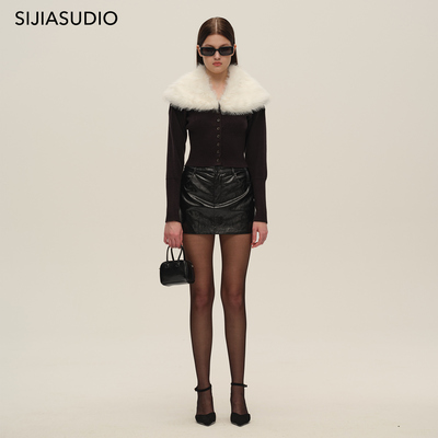 SIJIA 2025秋季新款时髦摩登修身紧身短款可拆卸大毛领毛衣红咖色